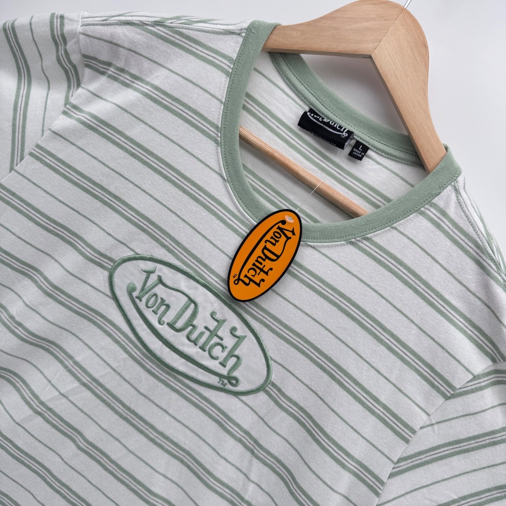 Von Dutch Striped Ringer Tee Y2K Mens L Green Embroidered Logo Button Accents